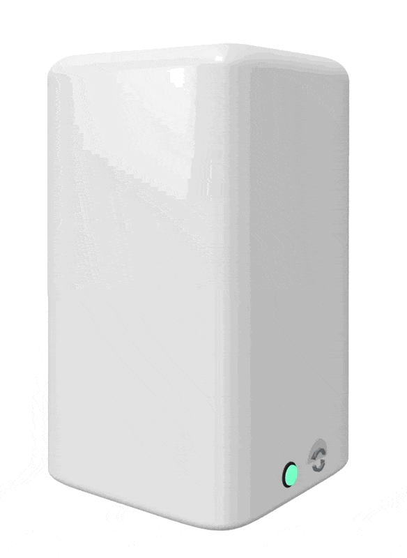 A white network backup drive resembling Apple's Time Capsule floats with a glowing green status light