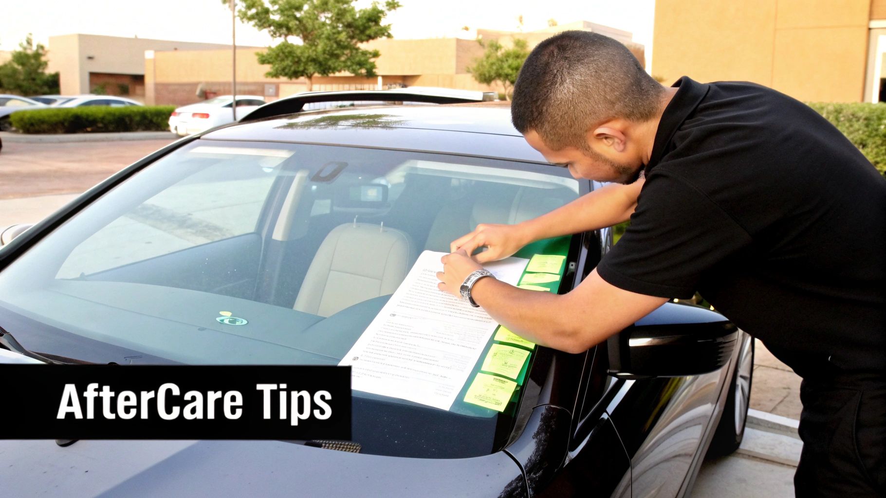 A car owner inspecting their newly replaced windshield.