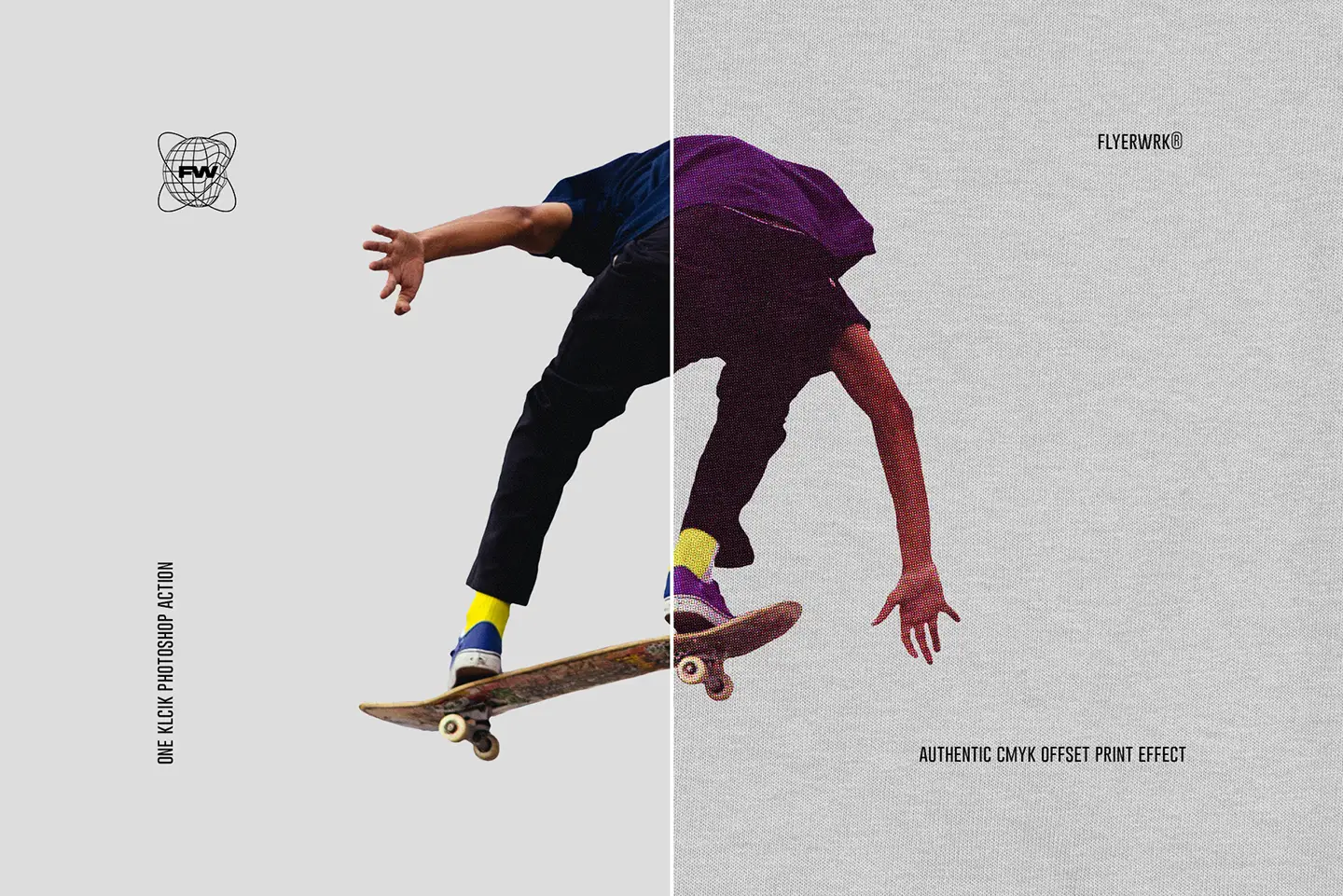 Skateboarder image demonstrating the one click photoshop action for creating authentic cmyk offset print looks