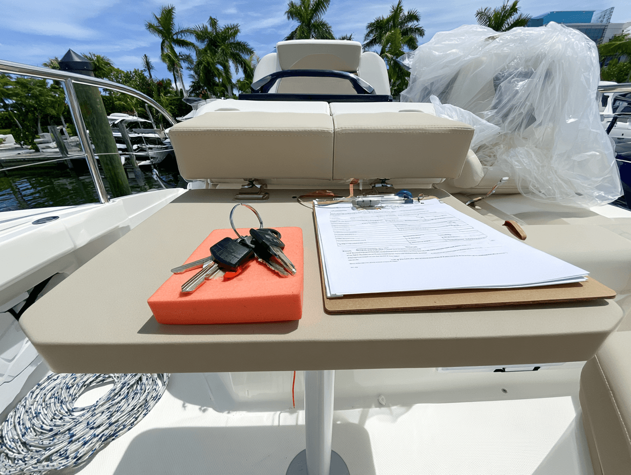 Boat keys on a foam float and a clipboard of closing paperwork on the cockpit table of a new cruiser at a Florida dealer's dock
