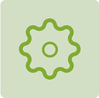 The image depicts a simple green gear icon with a scalloped design on a light green background, symbolizing settings or mechanical functionality.