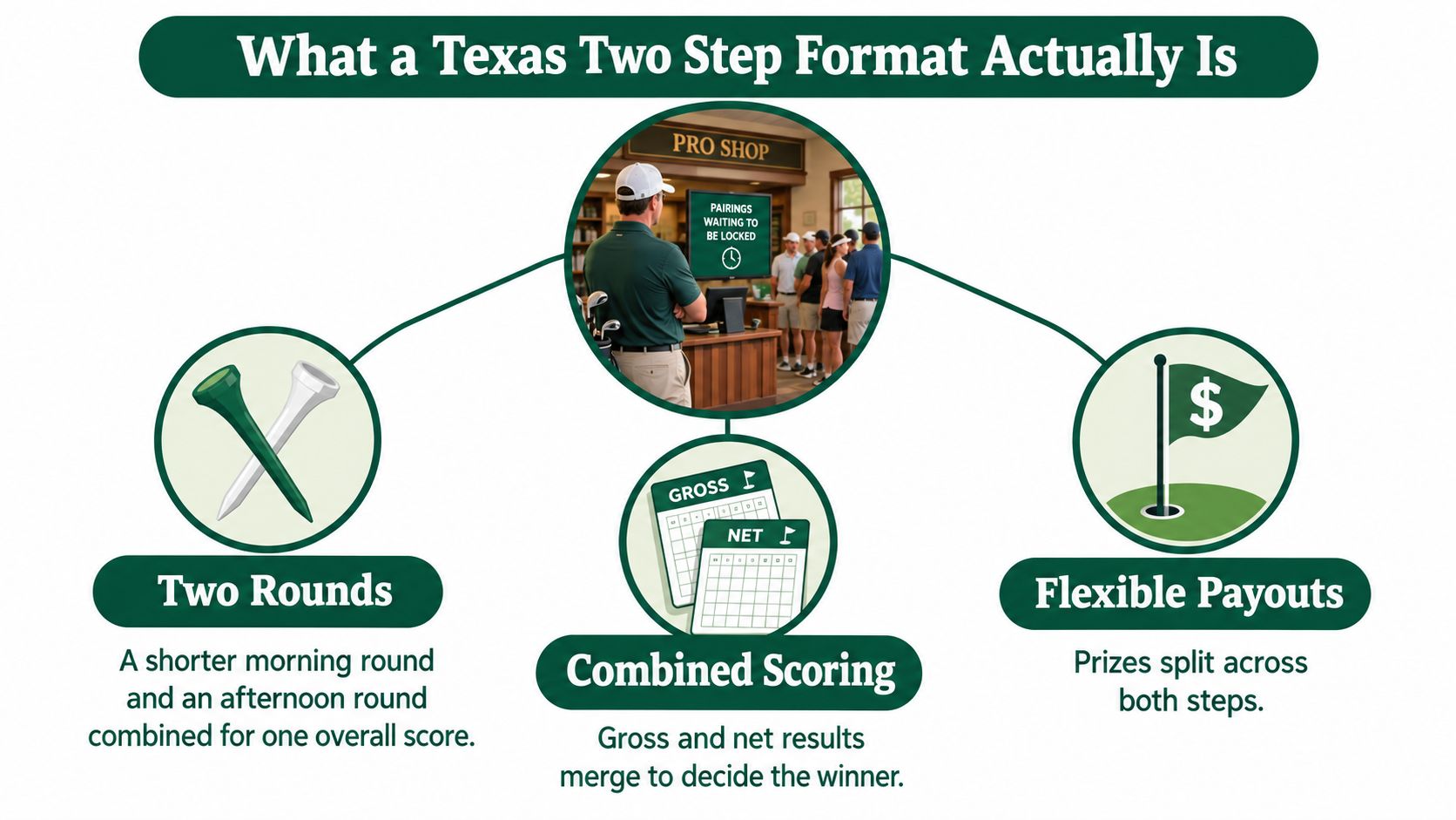 An infographic explaining the Texas Two Step golf tournament format, featuring rounds, combined scoring, and payouts.