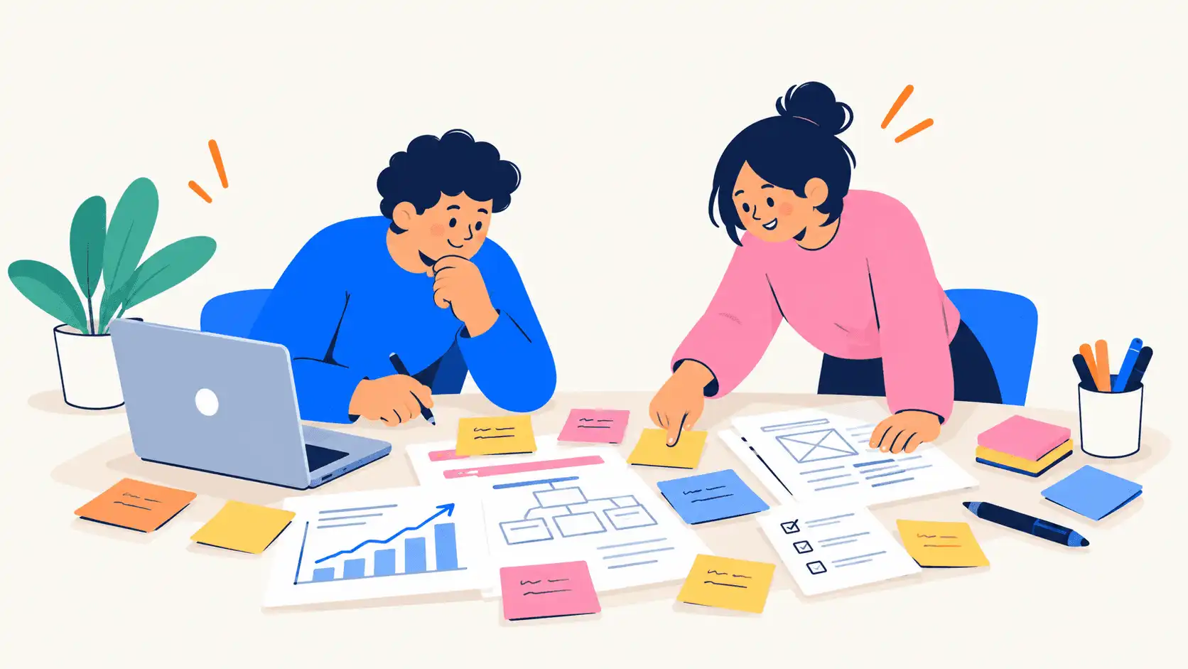 Two colleagues planning website redesign goals with sticky notes, wireframes, a sitemap and growth charts