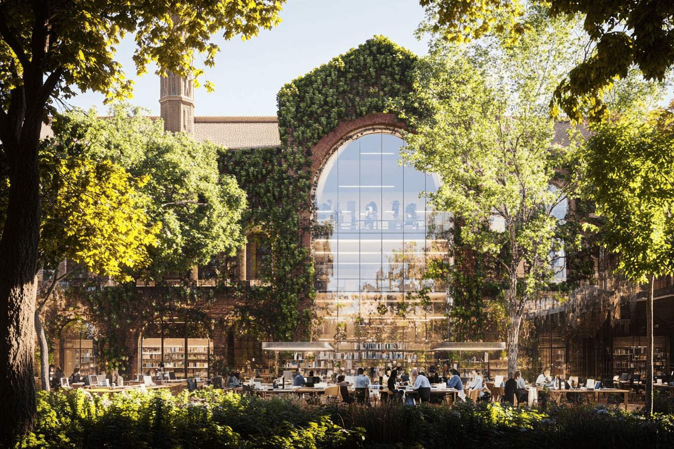 A grand unversity building with ivy-covered walls and students working