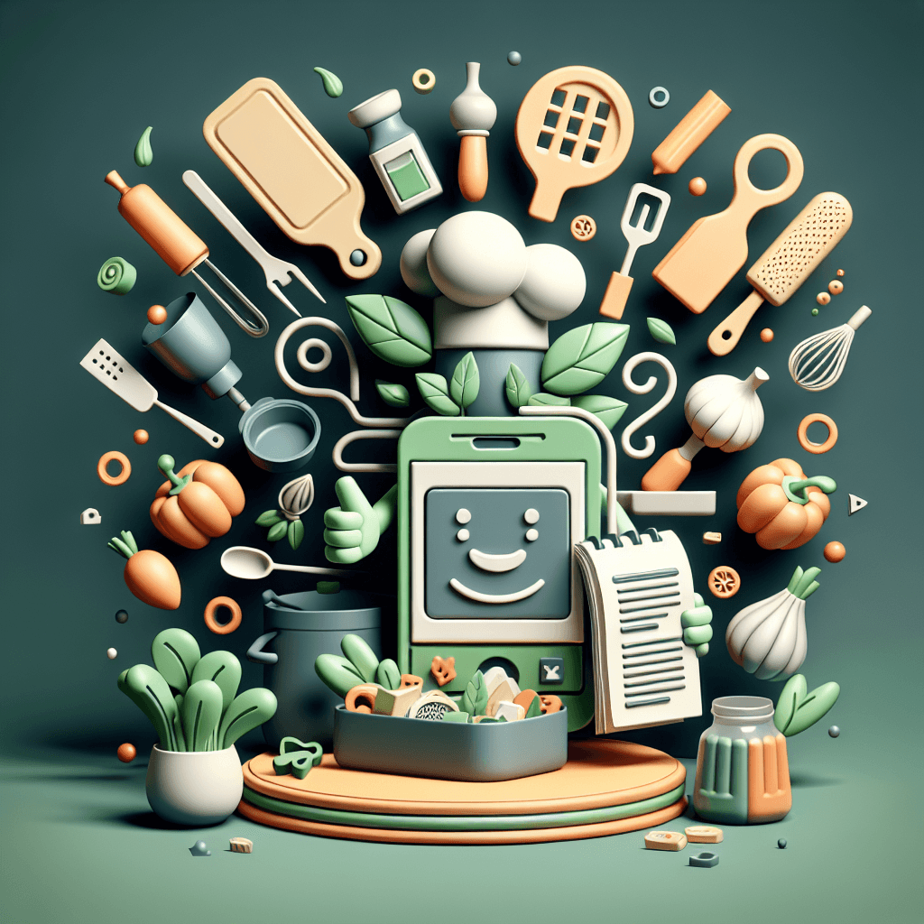 Charmante, spielerische Darstellung eines lächelnden Smartphones als Kochfigur mit Mütze, umgeben von Küchengeräten, Rezeptbuch, Zutaten und Tools. Die Szenerie kombiniert Technik, Kreativität und Kochfreude auf liebevolle Weise – ideal für eine App wie FamFood.