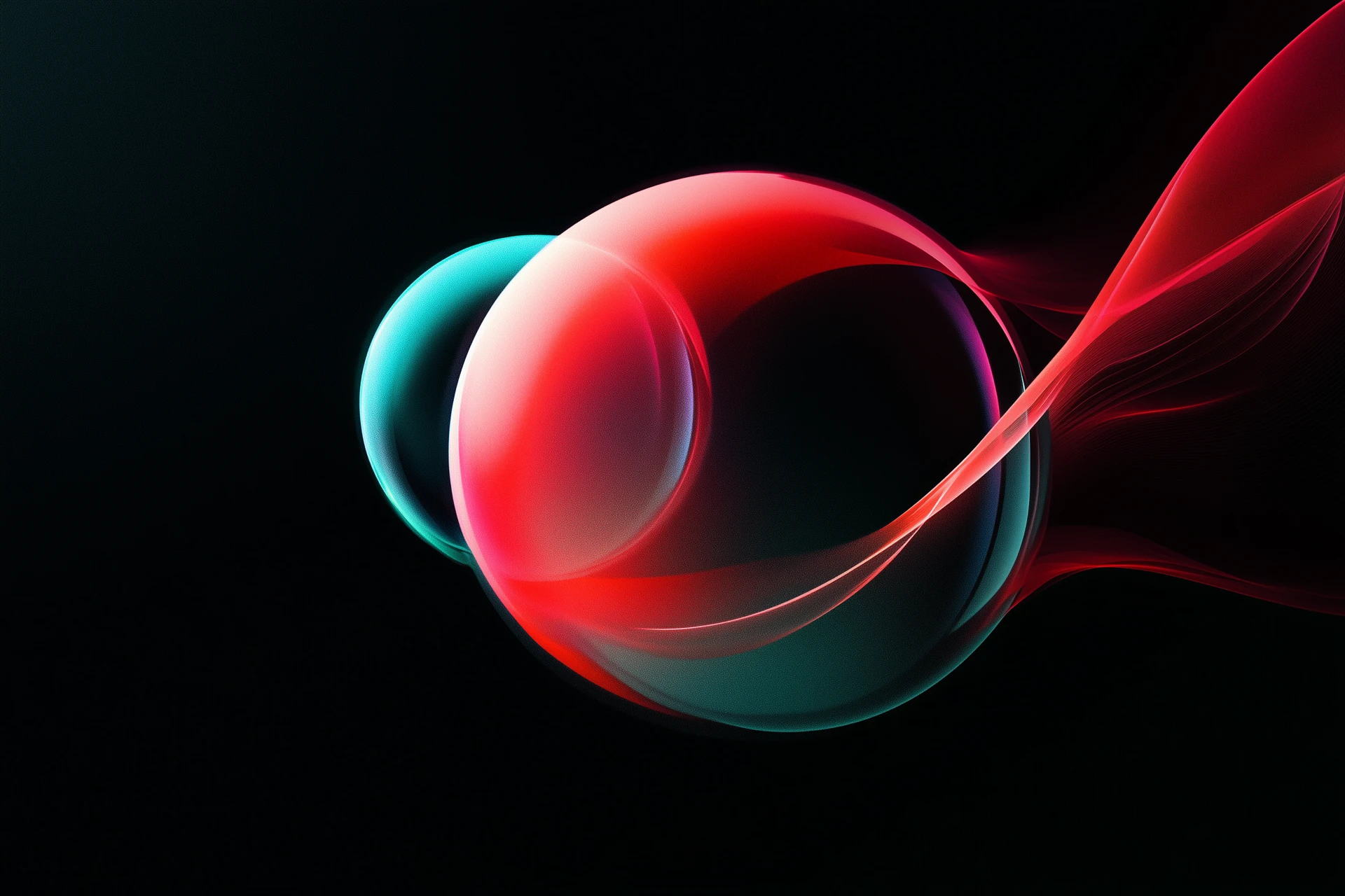 Abstract digital art with a red sphere and flowing wave on a black background.