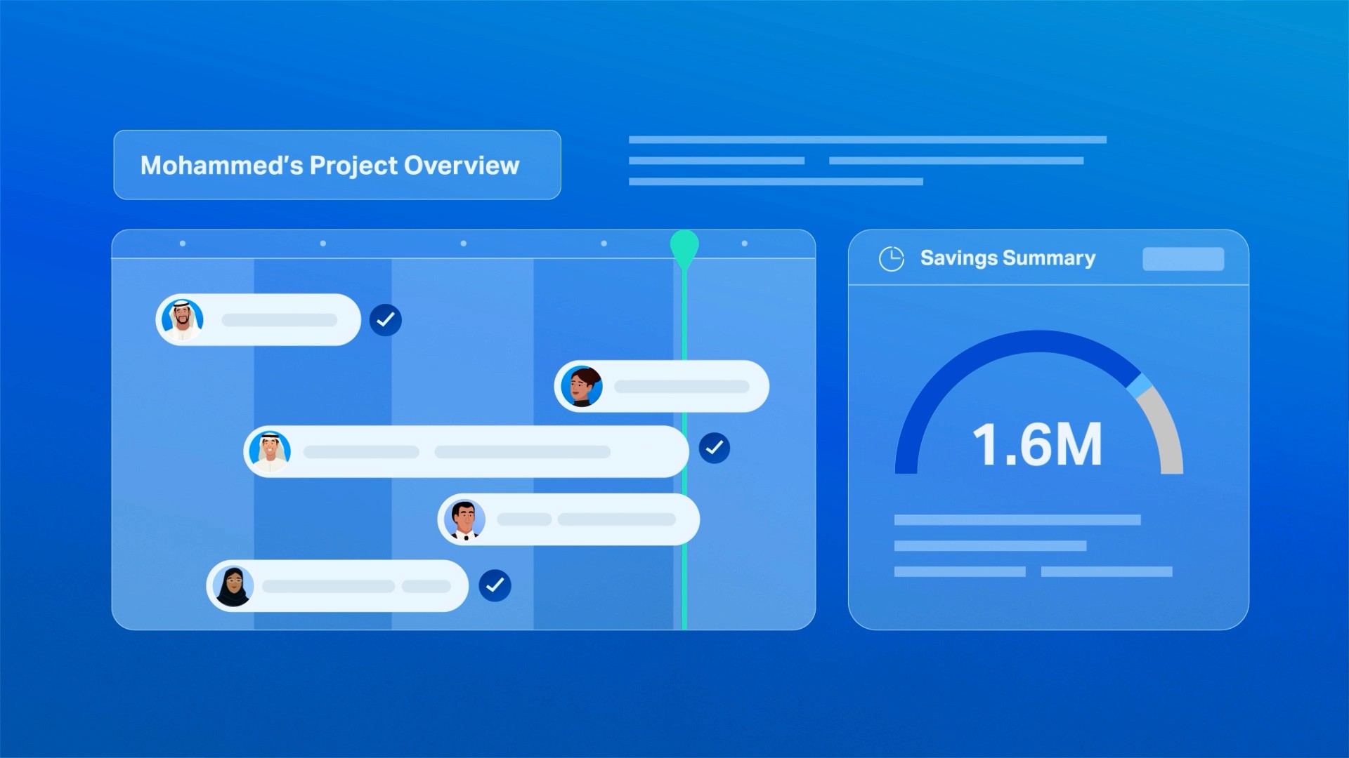 Digital dashboard displaying project timeline, team activity and performance metrics