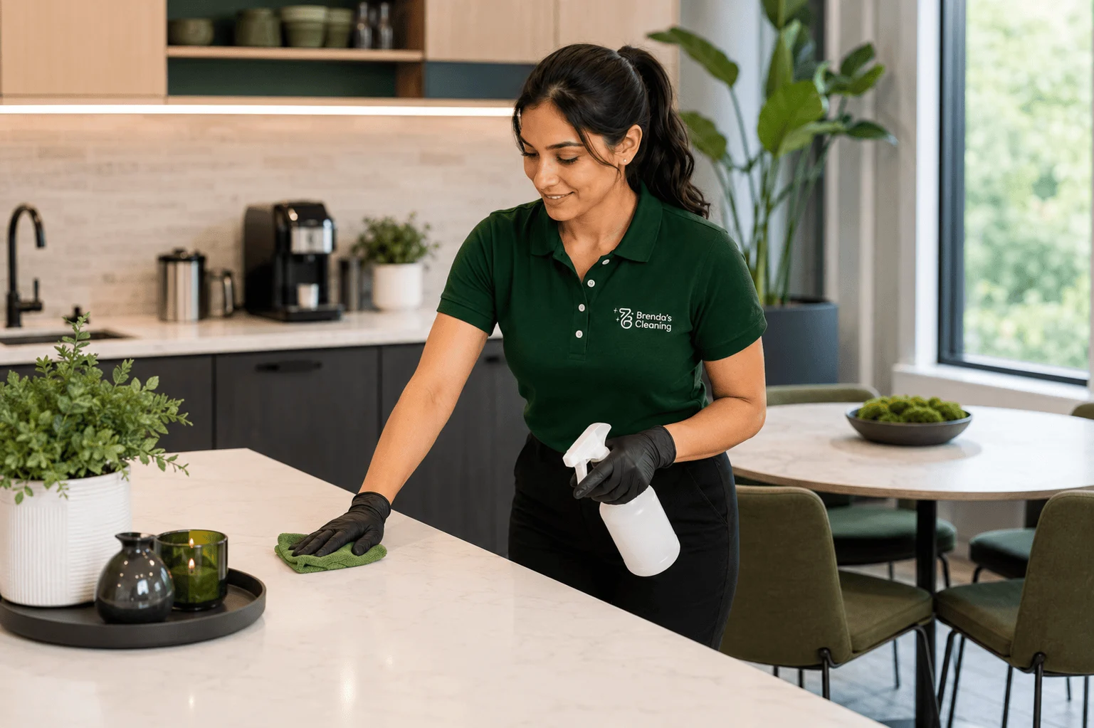 A professional home cleaner with Brenda's Cleaning disinfecting a brushed nickel lever door handle on a white interior door. She is holding a branded white spray bottle labeled "Disinfecting Surface Spray" while wiping the handle with a blue microfiber cloth. Wearing a branded navy uniform polo shirt, a matching cap, a black apron, and blue protective gloves, she performs high-touch sanitizing services inside a bright bathroom with a white marble vanity in the background.