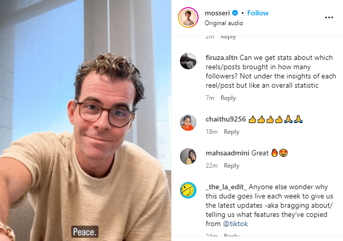 An Instagram video interface featuring Adam Mosseri, Head of Instagram. On the right side of the screen, Adam Mosseri appears in a video frame discussing Instagram’s update. On the left side, there are comments about the update. The update highlights that 'Views' will become the primary metric across all Instagram content formats.