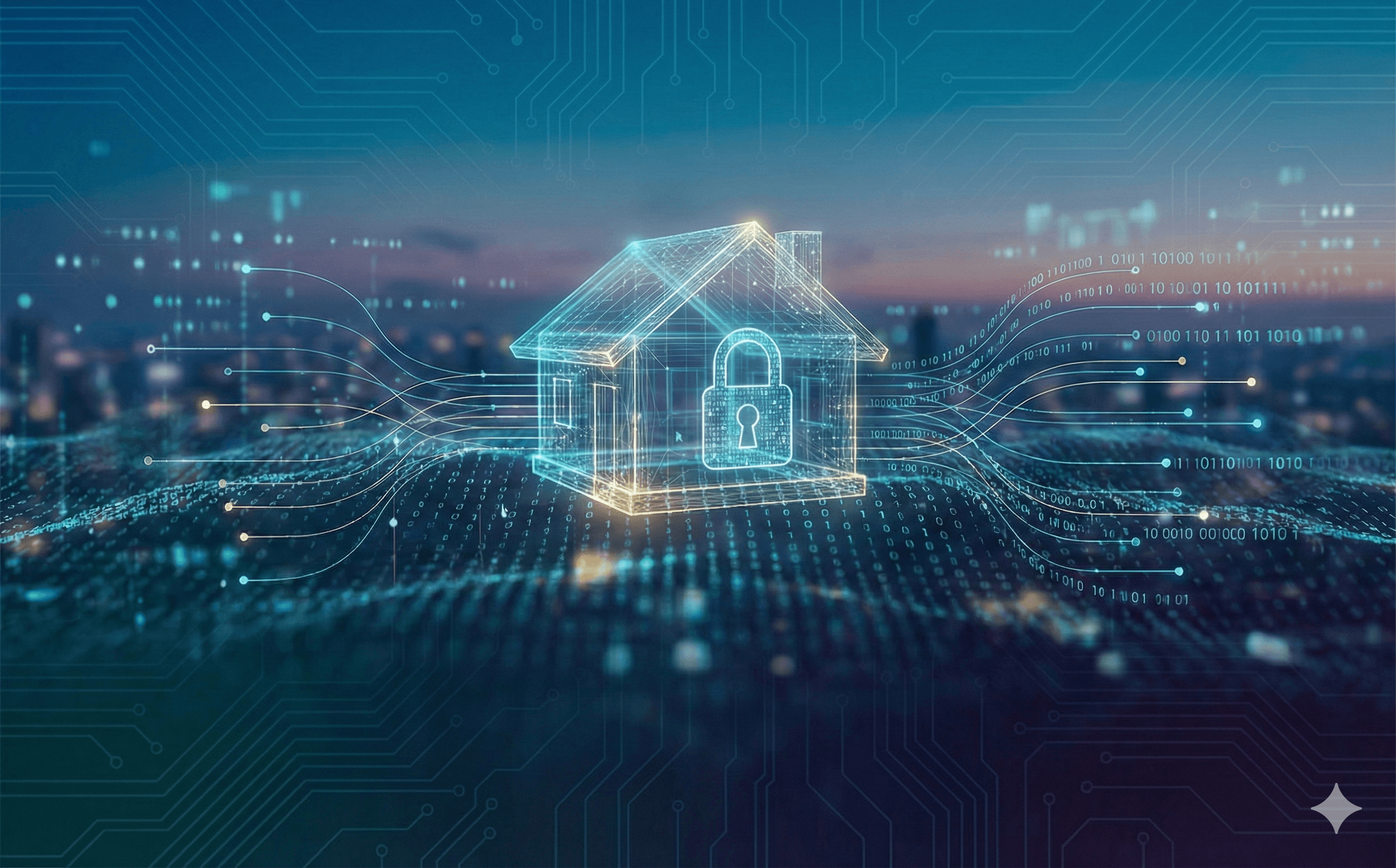 Digital high-tech image showing circuitry and a glowing house superimposed with a lock to indicate cybersecurity