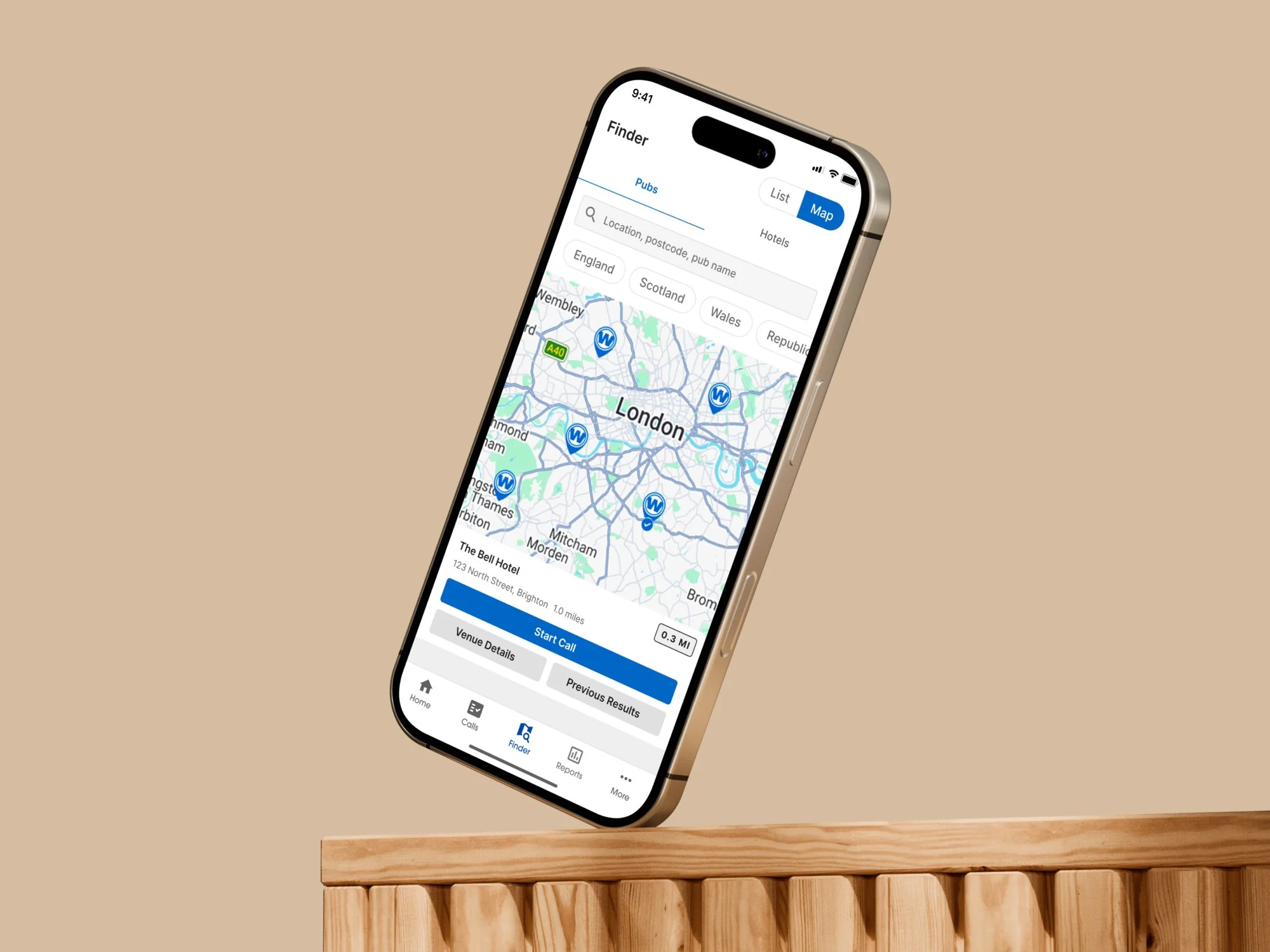 myPub app pub finder on a phone, with nearby venues on a map