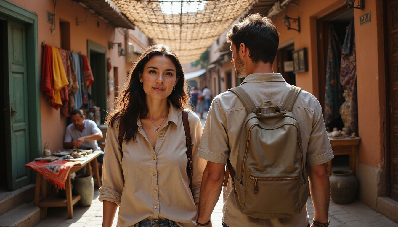A couple strolls through Marrakech's bustling historic Medina, exploring.