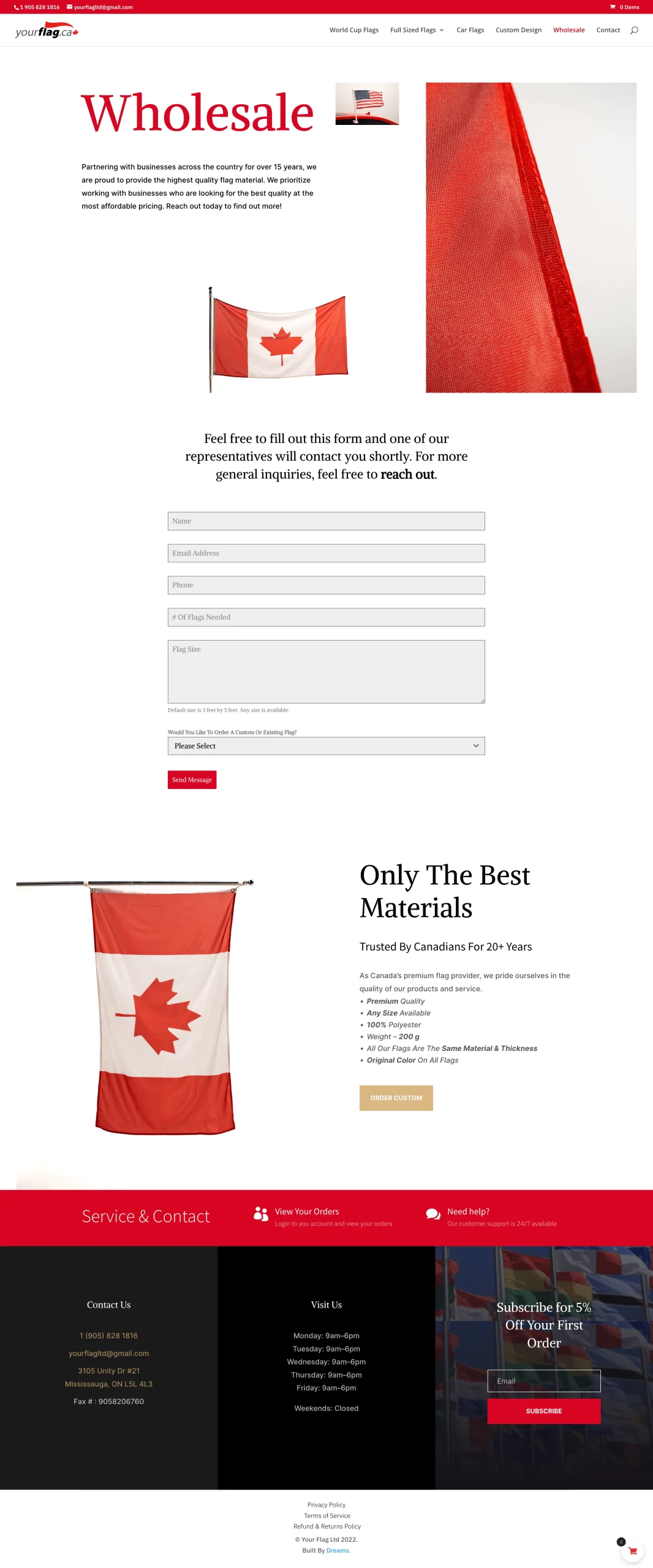 Wholesale page for yourflag website developed & designed by Dreams Agency Mississauga, Ontario