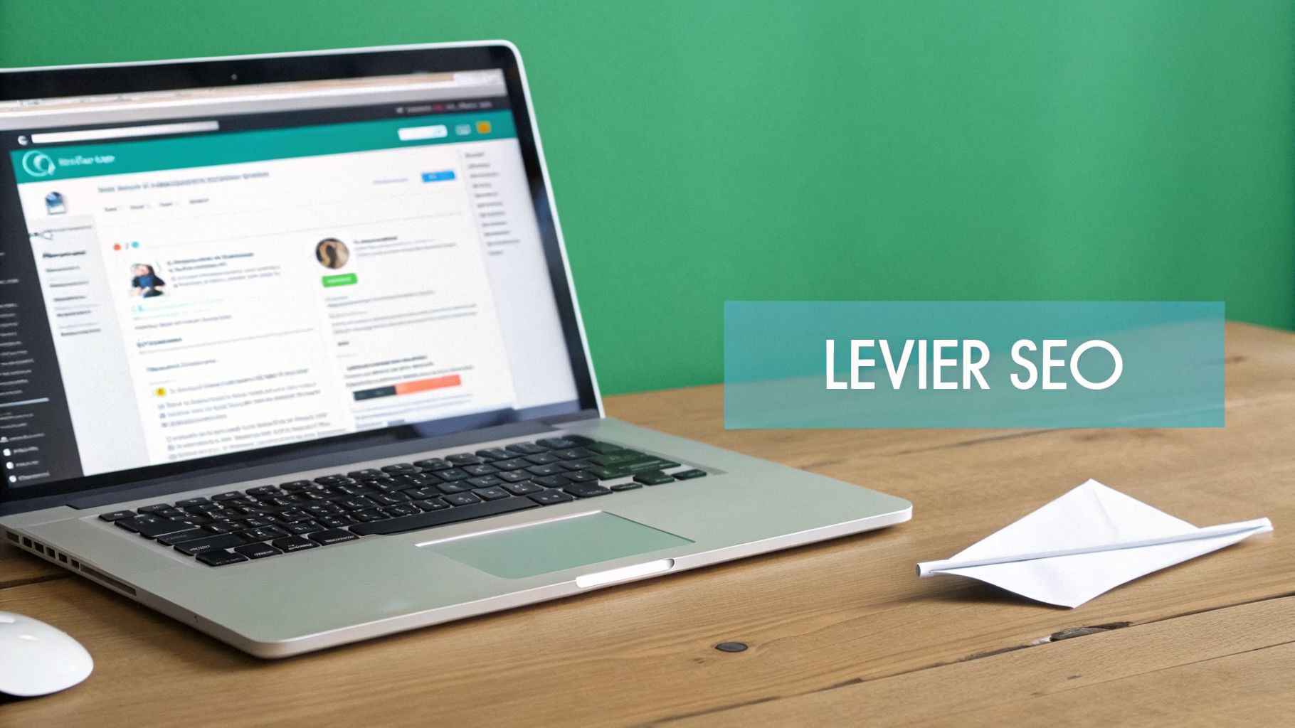 Un ordinateur portable sur un bureau en bois avec une souris et un avion en papier. L'écran affiche une interface web avec une bannière