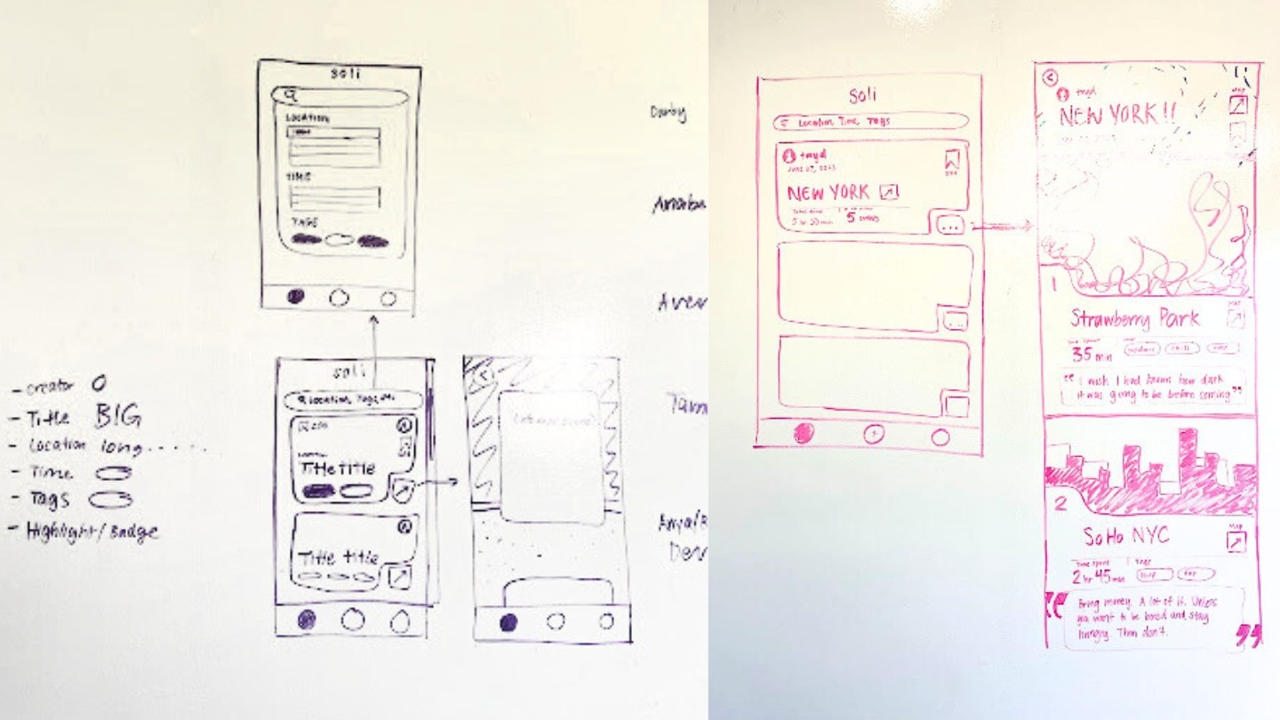Whiteboard sketches of the soli app interface
