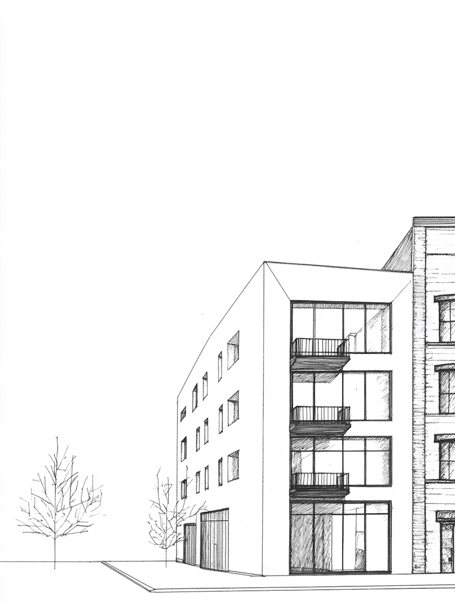 A pencil drawn architectural building