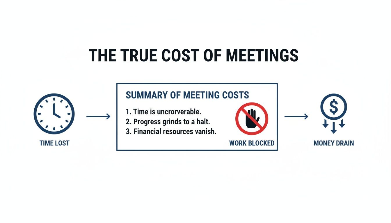 Infographic showing the true cost of meetings: time lost, work blocked, and money drain.