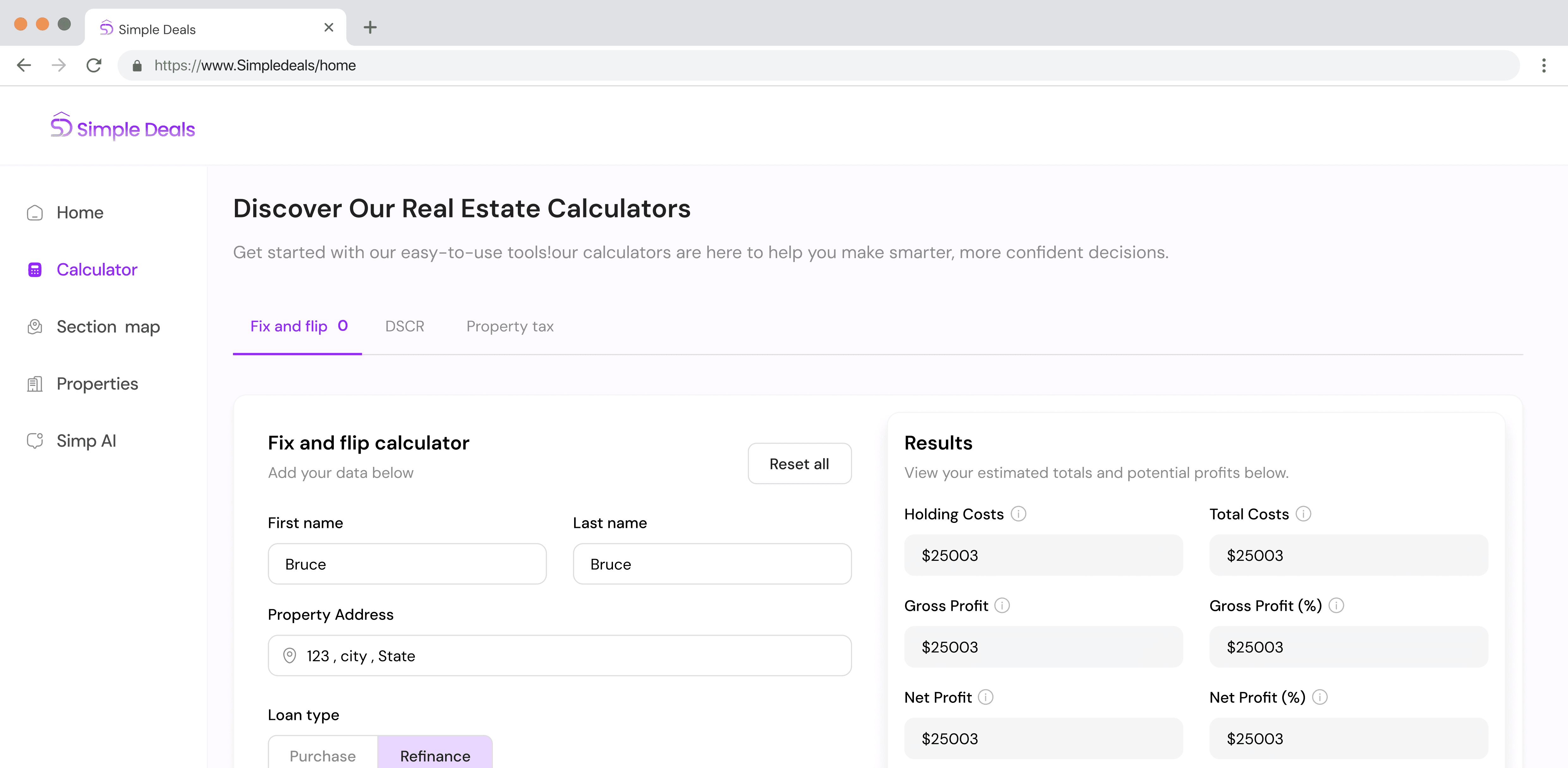 A screenshot of the Simple Deals website shows the "Fix and Flip Calculator" interface, featuring input fields for data entry and a "Results" panel displaying financial insights like holding costs and gross profit projections.