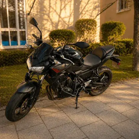 Ein schwarzes Kawasaki Motorrad auf dem Hauptständer auf einem gepflasterten Gehweg vor Sträuchern für die Zweirad-Ausbildung.