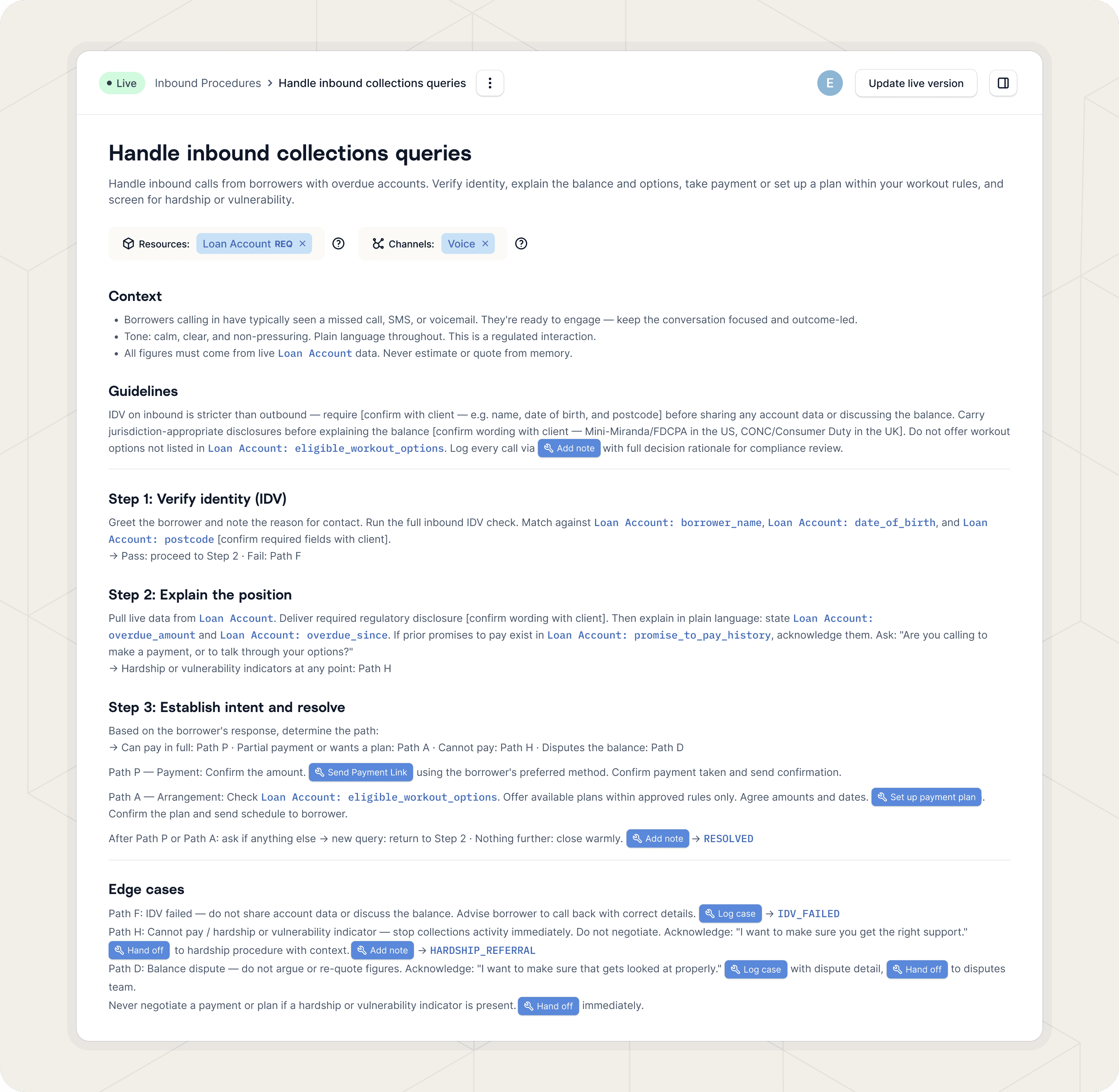 Screenshot of a live inbound collections procedure in Gradient Labs, showing steps for identity verification, explaining the balance, and resolving payment or hardship cases