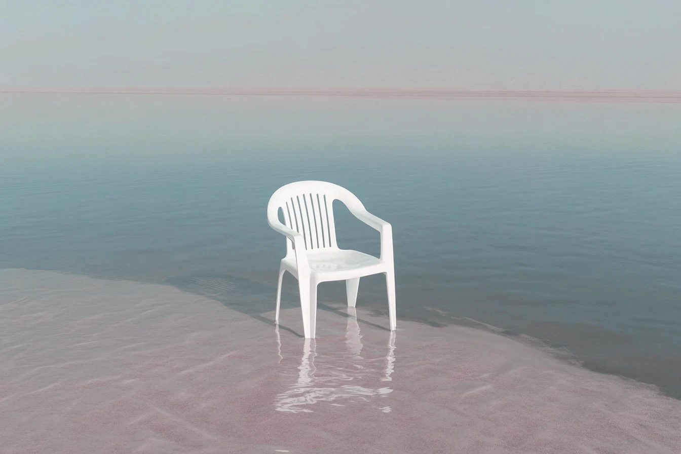 A single white plastic chair sits partially submerged in shallow water, reflecting a pastel-hued sky. This serene and slightly surreal scene represents opportunity generation and the exploration of new possibilities within planetary perspectives