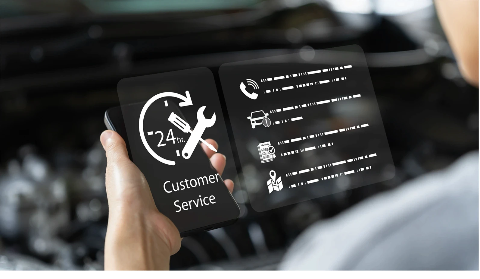 Online Car Customer Service, Warranty Support Concept, Woman Use Smartphone to Contact Service Centre, Checking Repair Process, Warranty Conditions Digitally, Faster Automotive Maintenance Assistance