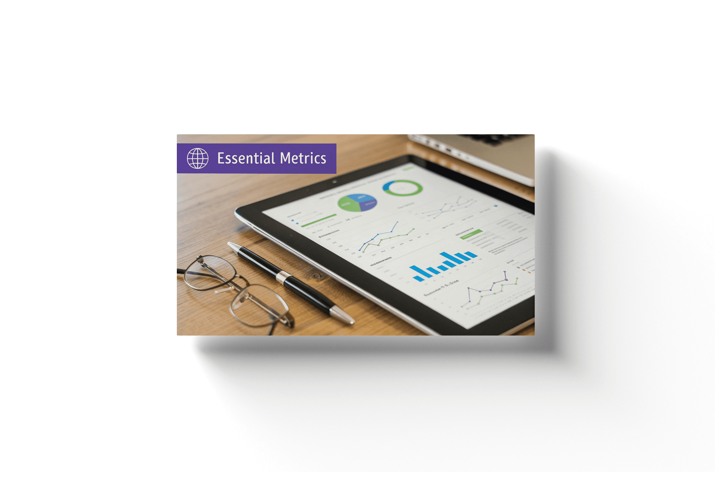 a tablet showing statistics and a purple box with text 'essential metrics'