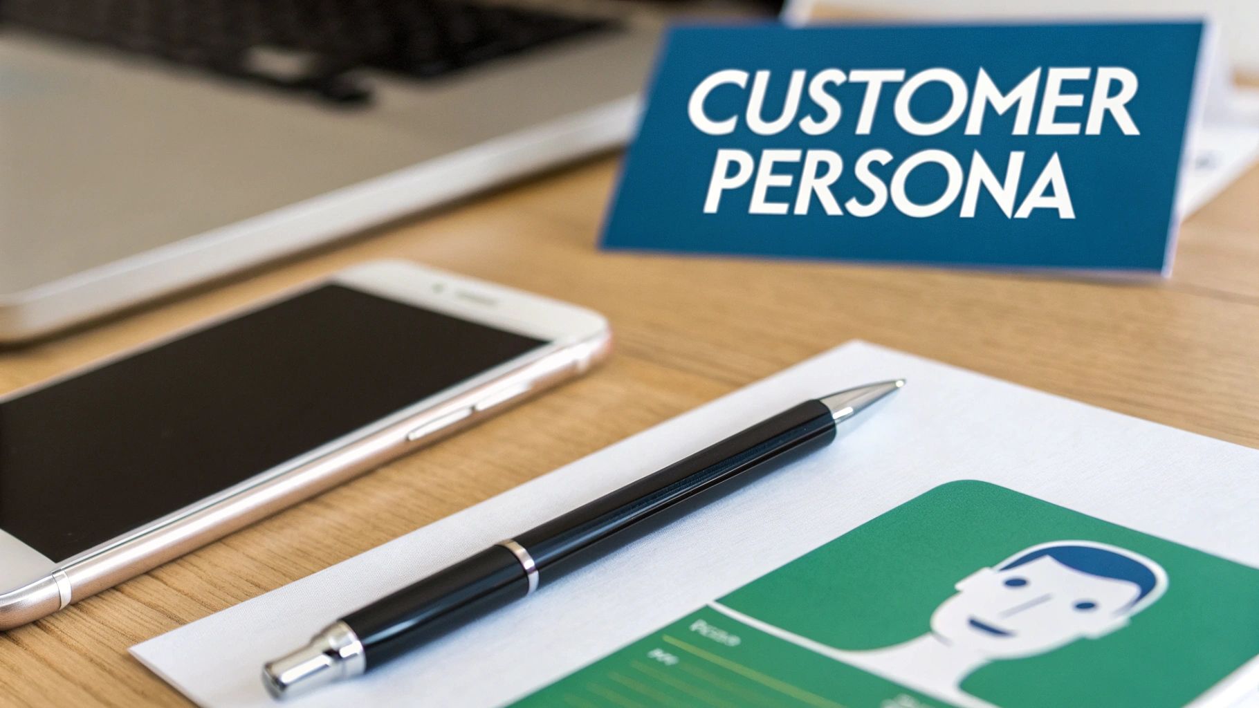 A team collaborating around a whiteboard, piecing together elements of a customer persona with sticky notes and sketches.