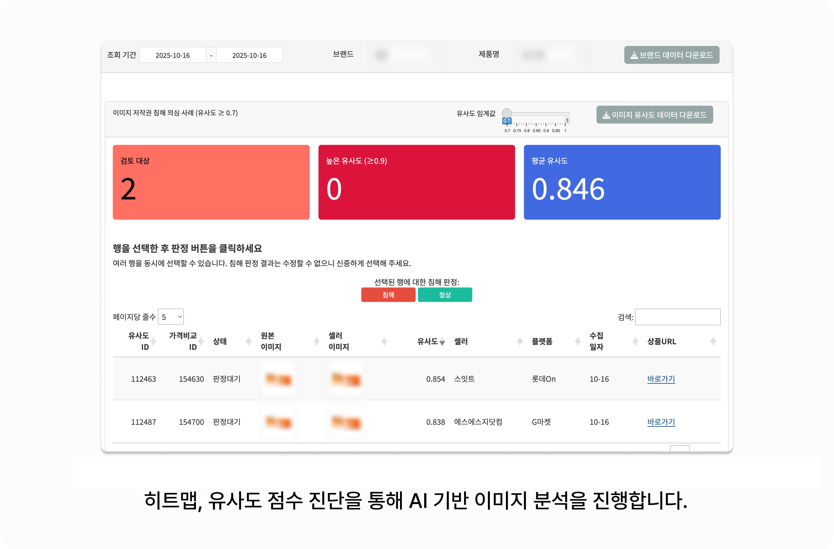 AI image similarity and heatmap detection screen AI 이미지 유사도·히트맵 기반 진단 화면
