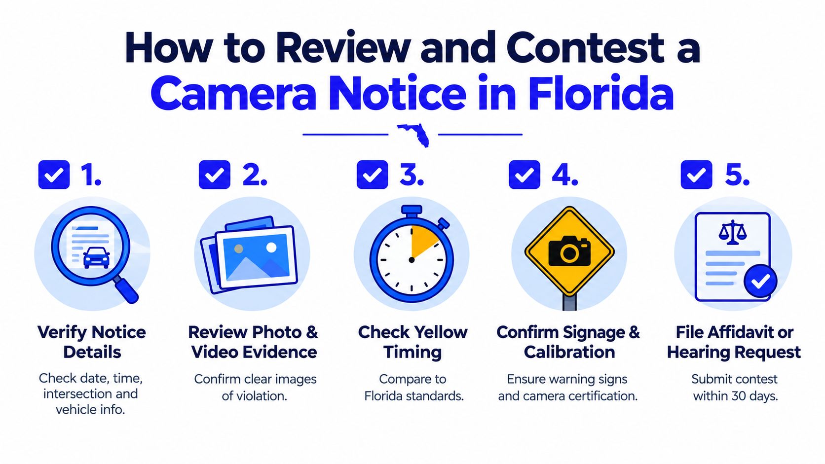 A five-step guide on how to review and contest a traffic camera notice in Florida.