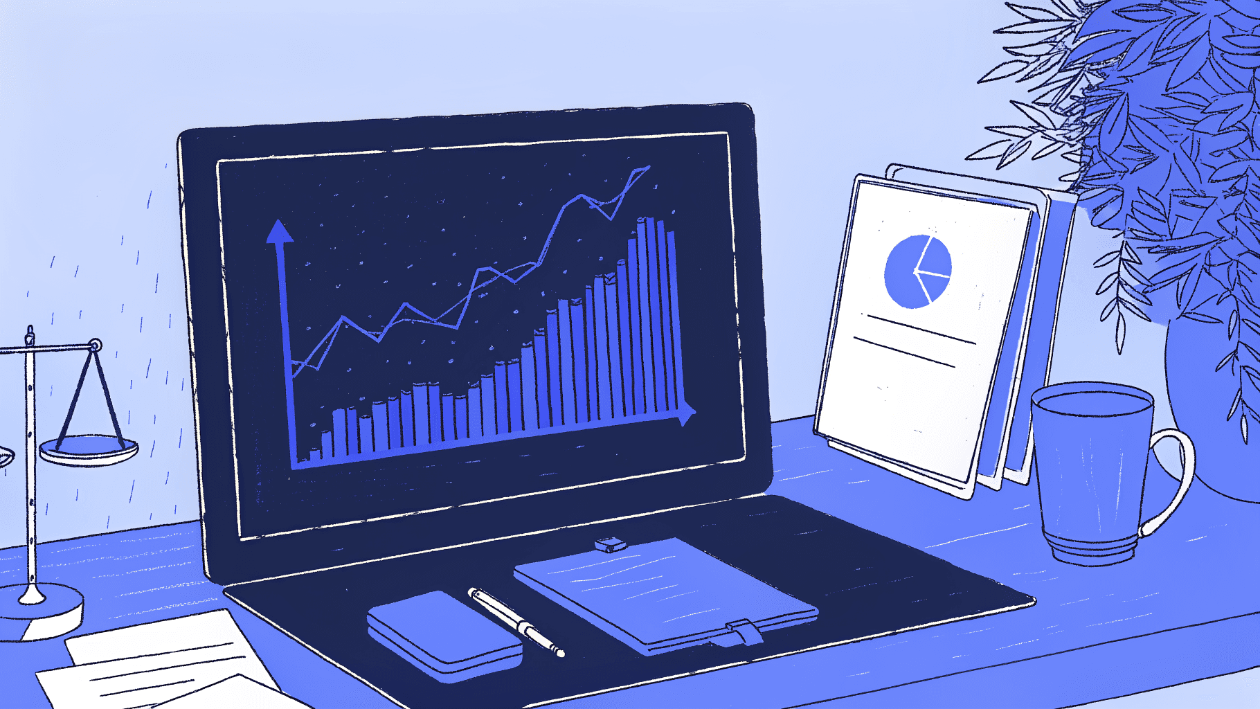 Legal firm CEO's desk with analytics dashboard, file folders, and a brass scale figurine