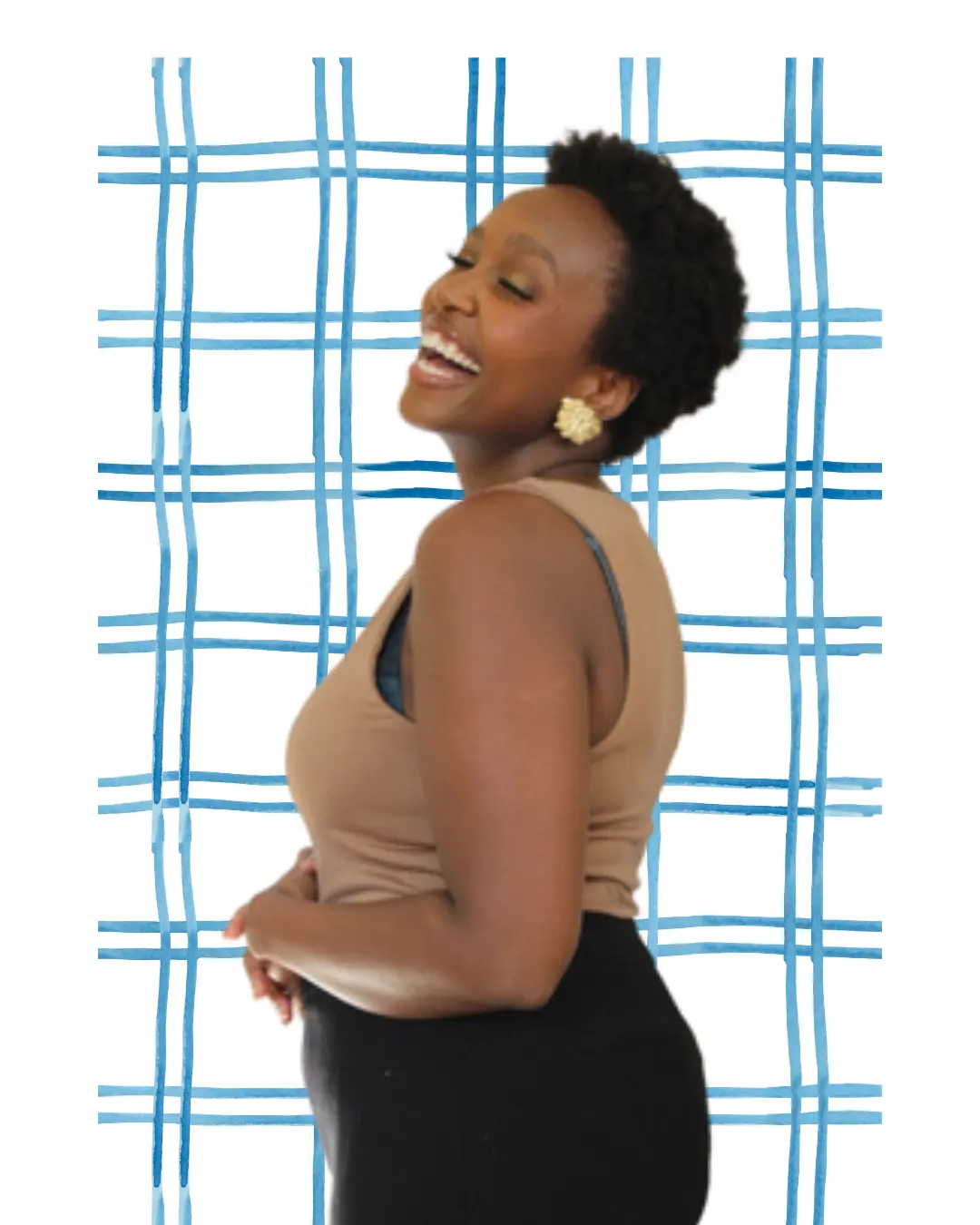 Image of Waggs Design Studio Founder smiling with a blue grid background