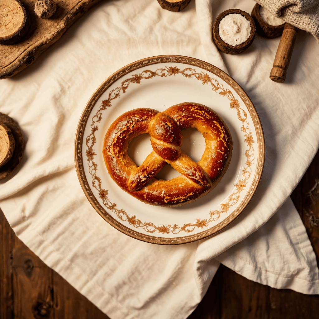 product photography of a baked pretzel on a decorative plate