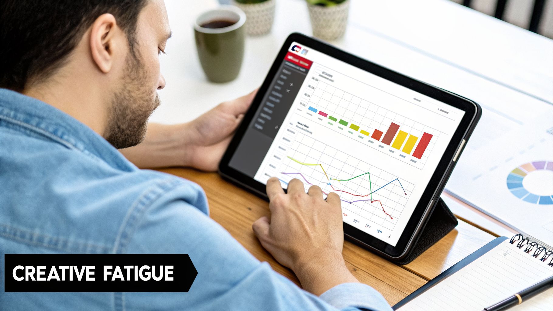 Man in a denim shirt viewing analytics graphs on a tablet, with a coffee cup nearby.