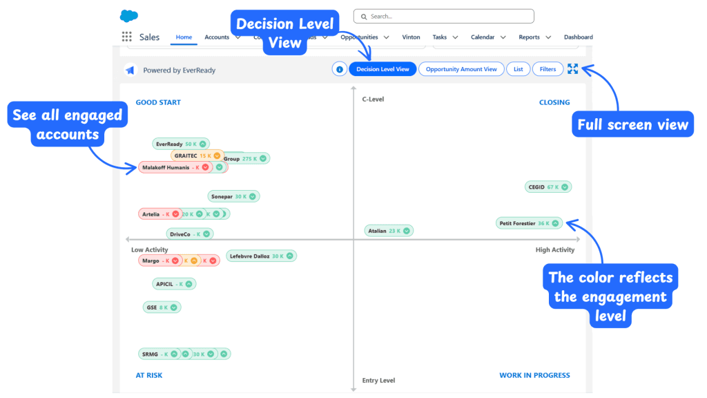 The EverReady Heatmap in Decision Level View: accounts plotted by activity and decision level inside Salesforce