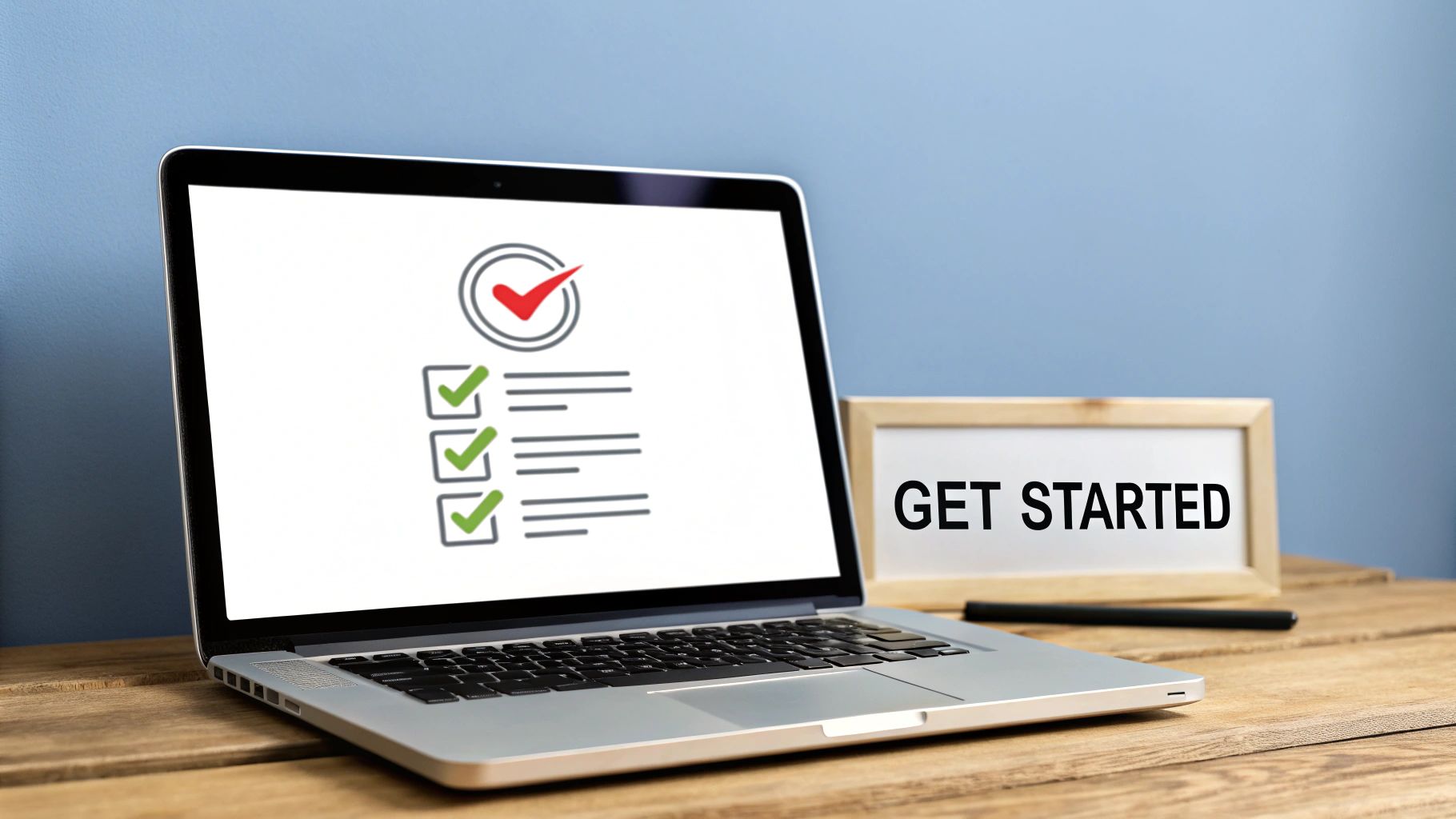A laptop displaying a digital checklist with completed items next to a 'GET STARTED' sign.