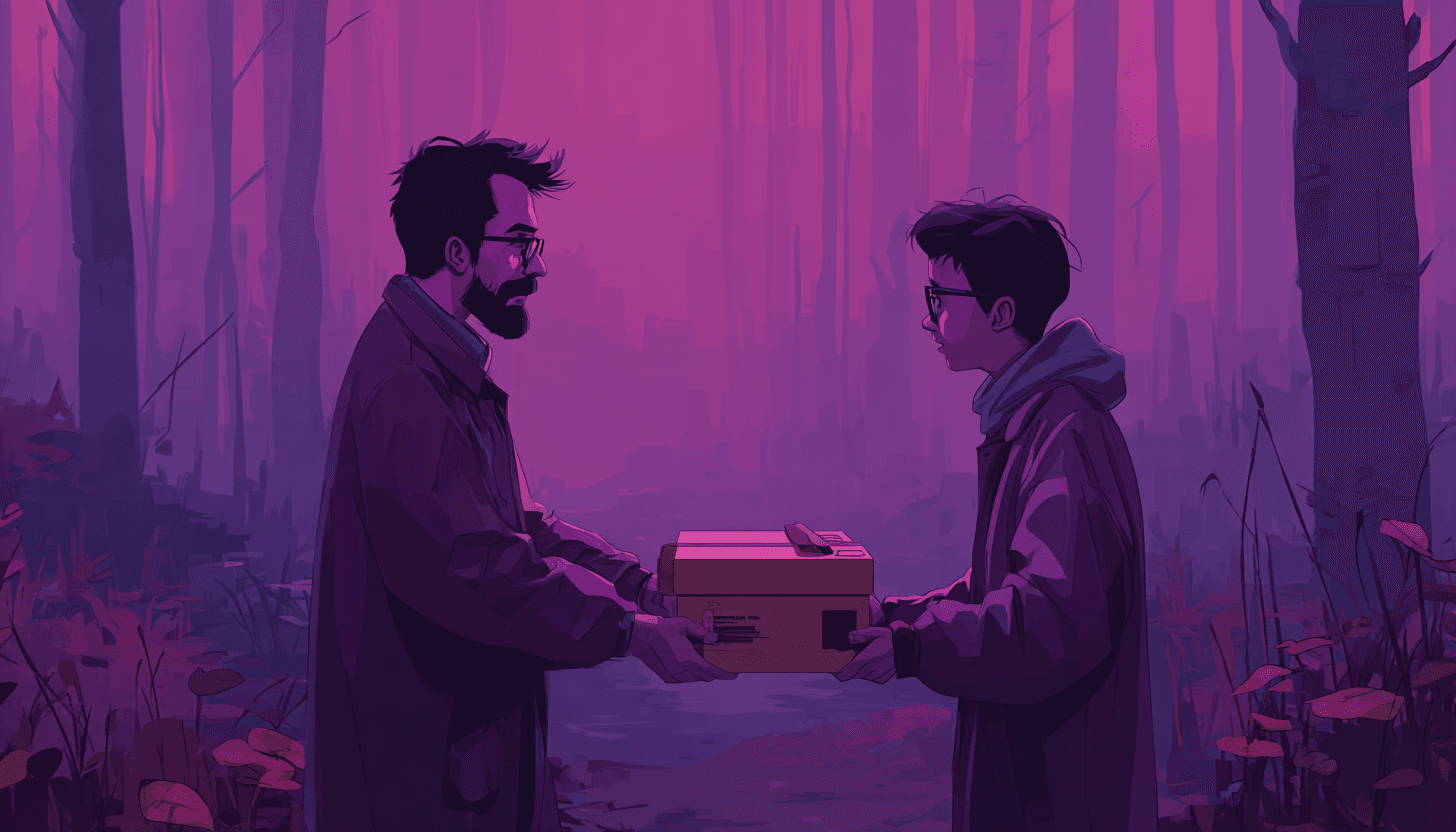 A young man is giving an older man a box in the middle of the woods, in the evening.