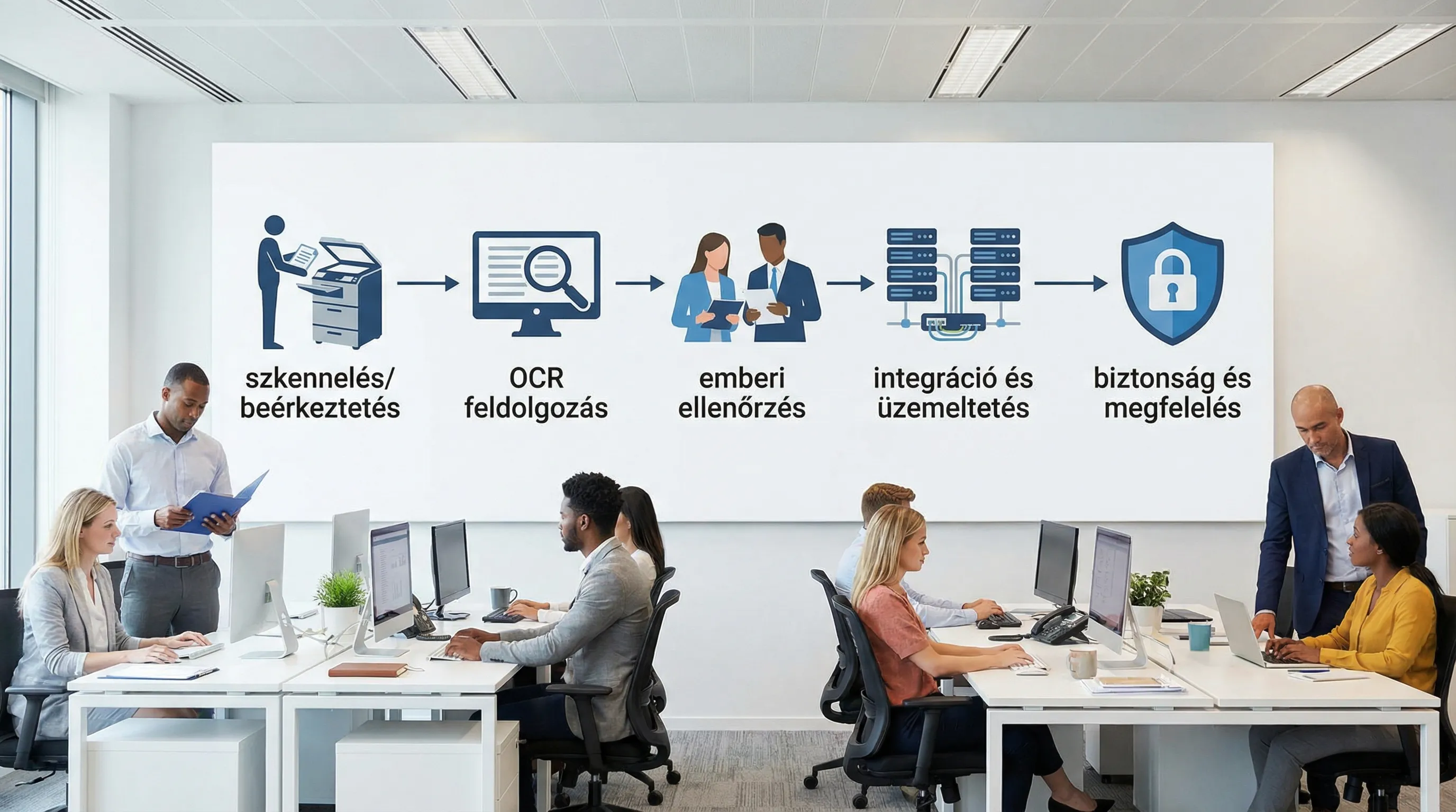 Költségtényezők illusztrációja: szkennelés/beérkeztetés, OCR feldolgozás, emberi ellenőrzés, integráció és üzemeltetés, biztonság és megfelelés.