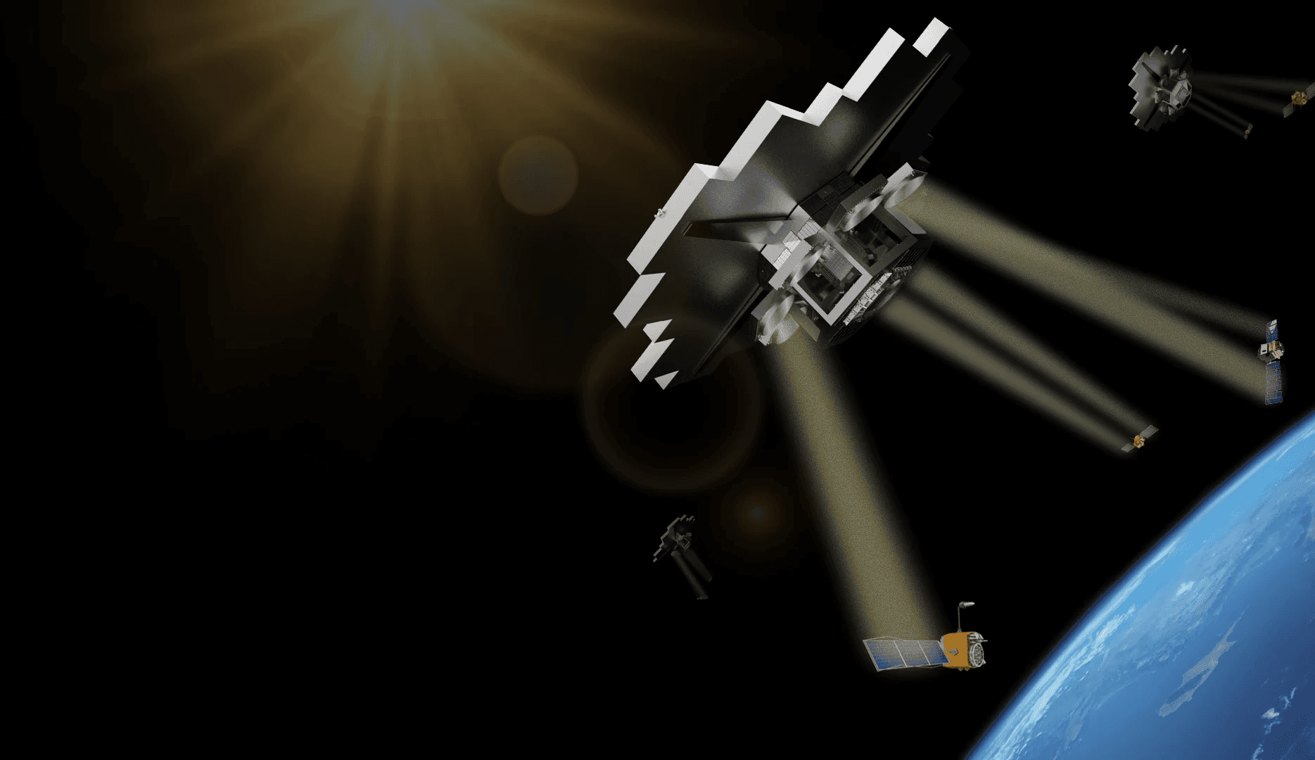 Star Catcher Network Power Nodes beaming concentrated sunlight to client satellite' solar panels in Low Earth Orbit
