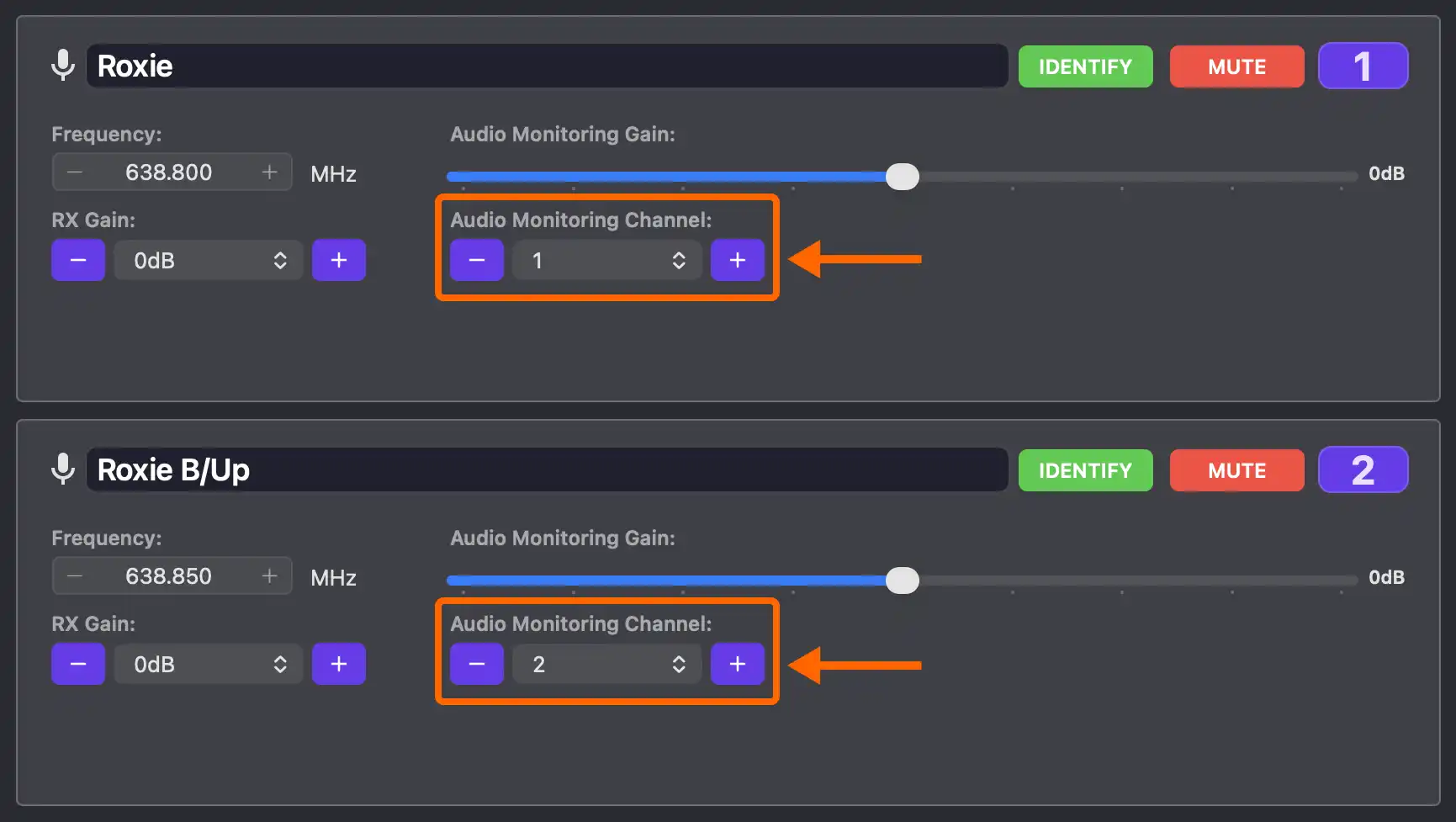 Set your audio listen channels from the devices setup view