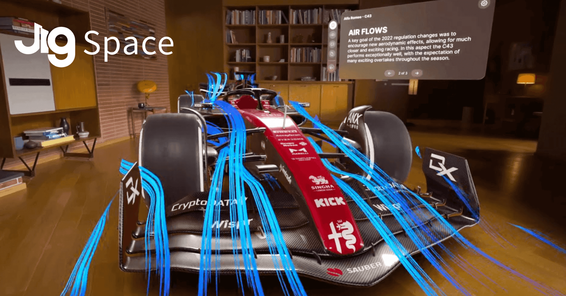 An Alfa Romeo F1 race car visualized in a living room using JigSpace spatial presentation software, displaying aerodynamic airflow simulations and informational panels in mixed reality.