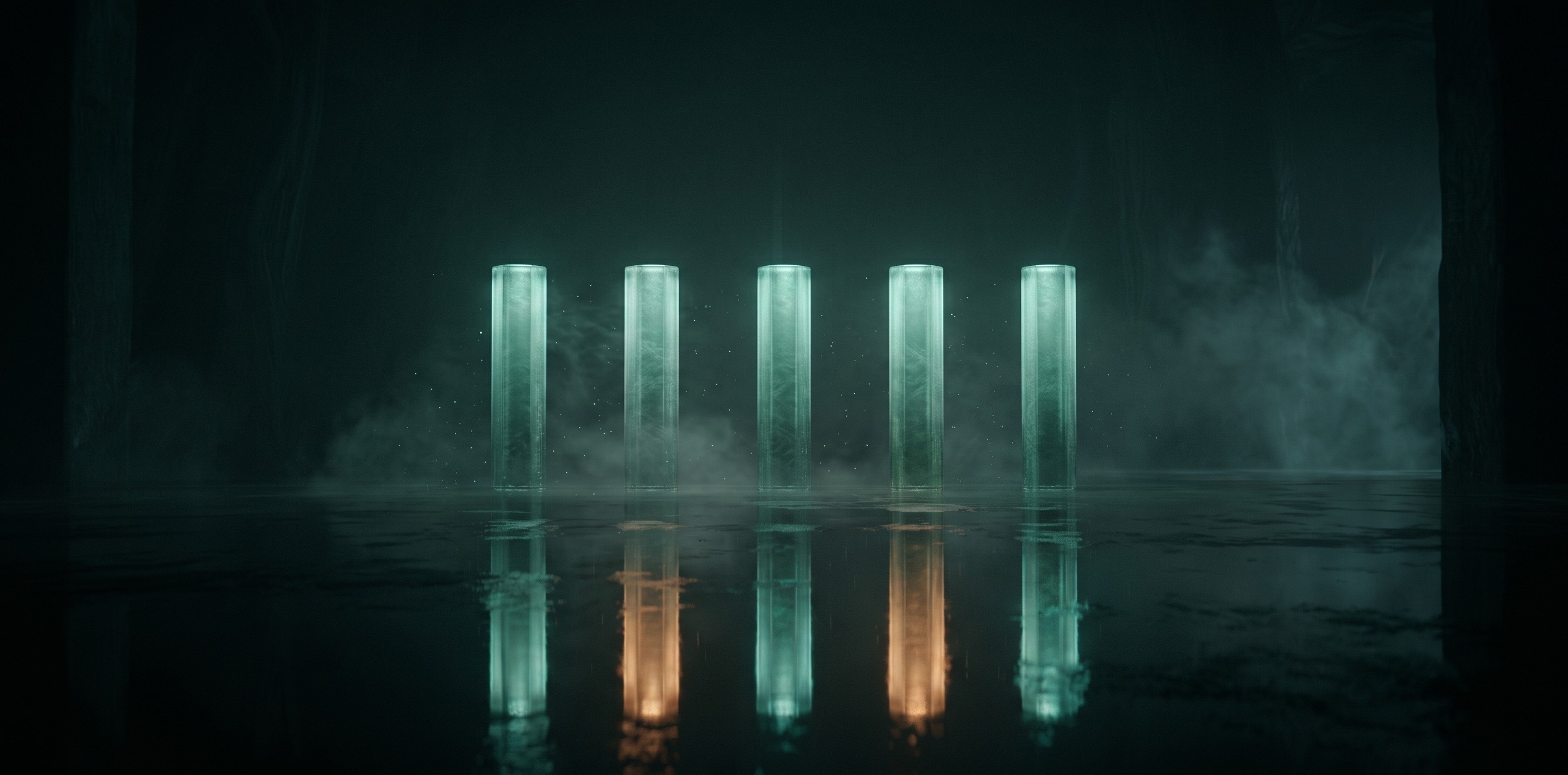 Five identical glowing teal glass pillars stand on a dark reflective floor; in the reflection, two of them glow amber.