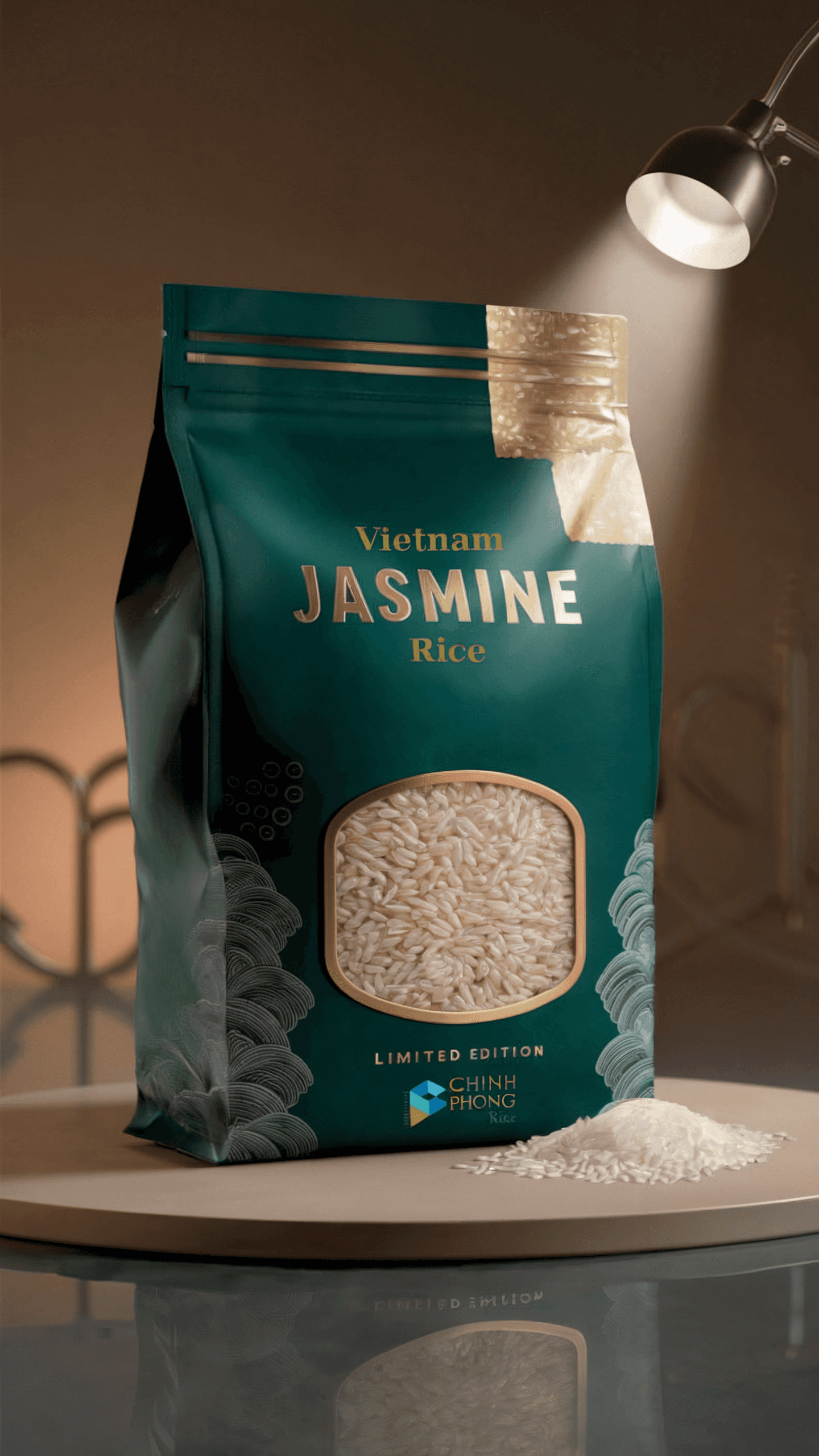 A pouch of 'Vietnam Jasmine Rice' placed on a reflective surface. The pouch is predominantly green with gold detailing. A portion of the pouch is transparent, revealing the rice inside. The word 'Jasmine' is prominently displayed on the pouch. There's a small golden tag on the top right corner of the pouch. Above the pouch, there's a spotlight shining down on it, emphasizing its contents. In the background, there's a blurred view of what appears to be a kitchen setting with a metallic structure and a glass container.