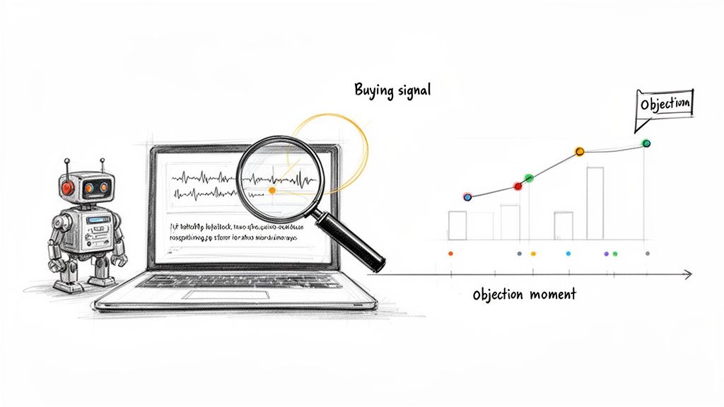 A robot and laptop analyze a buying signal with a magnifying glass, alongside a graph showing objection moments.