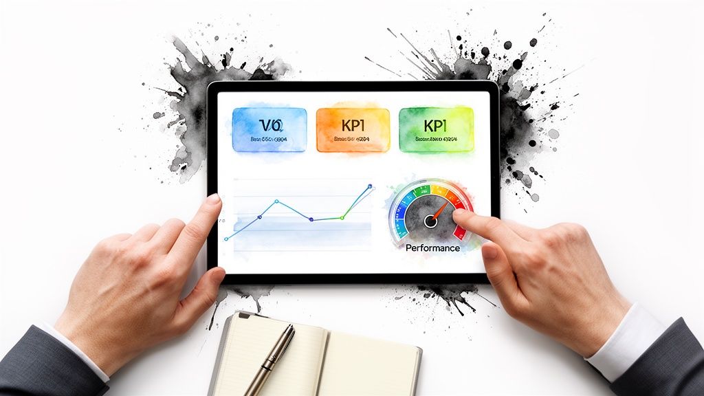 Two hands interact with a watercolor-styled tablet displaying data visualization dashboards and performance metrics.