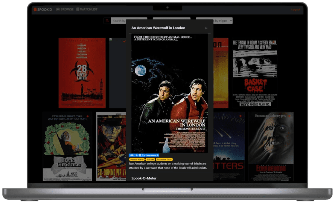 mockup of original design featuring a modal with movie details