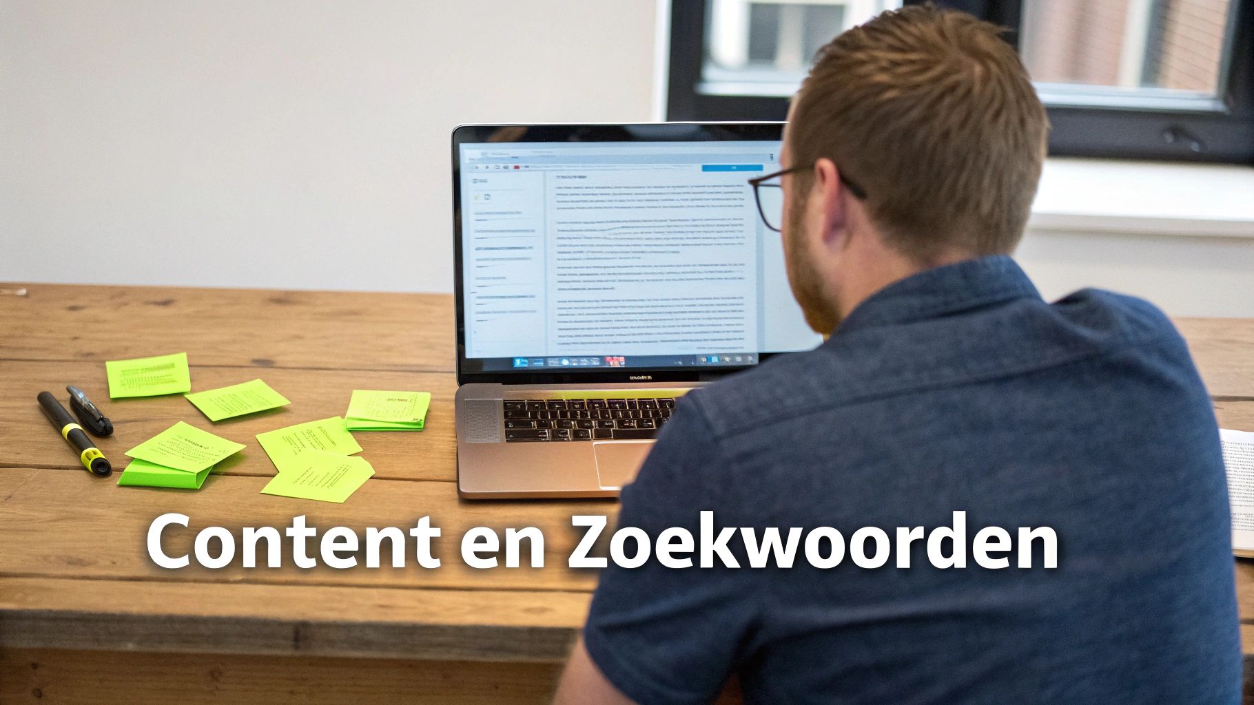 Een persoon werkt aan een laptop met gele post-its op een houten bureau, met de tekst 'Content en Zoekwoorden'.
