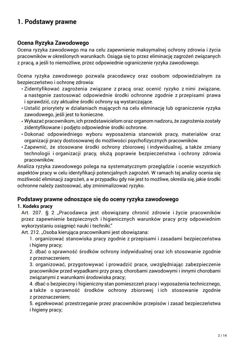 Pierwsza strona sekcji Podstawy prawne w wygenerowanym dokumencie PDF, z cytowanym tekstem artykułu Kodeksu pracy