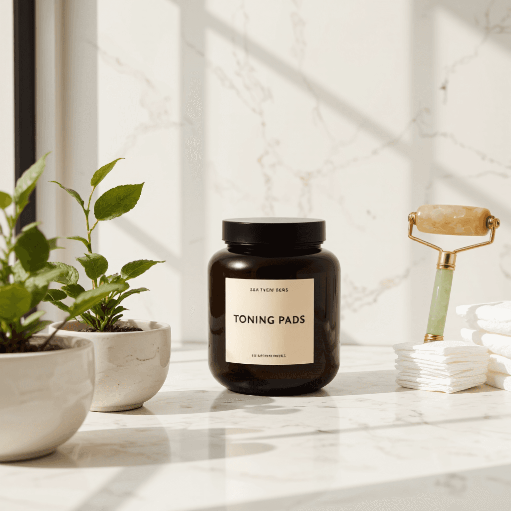 product photography of a jar of toning pads for skincare use, featuring a sleek design