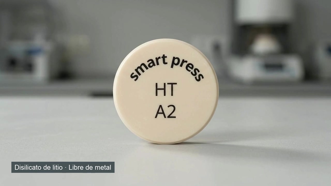 Pastilla Smart Press HT A2 de disilicato de litio. Fotograma de la película ilustrativa de Smart Vest Press.